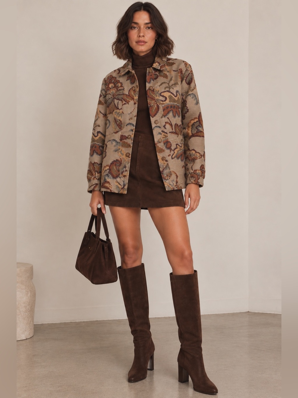 Sézane Jacquard Floral Tapestry Brown Jacket Sz M Boho Festival Fall Chic